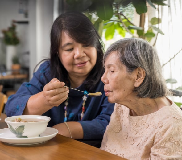 Caregiver feeding an elderly lady